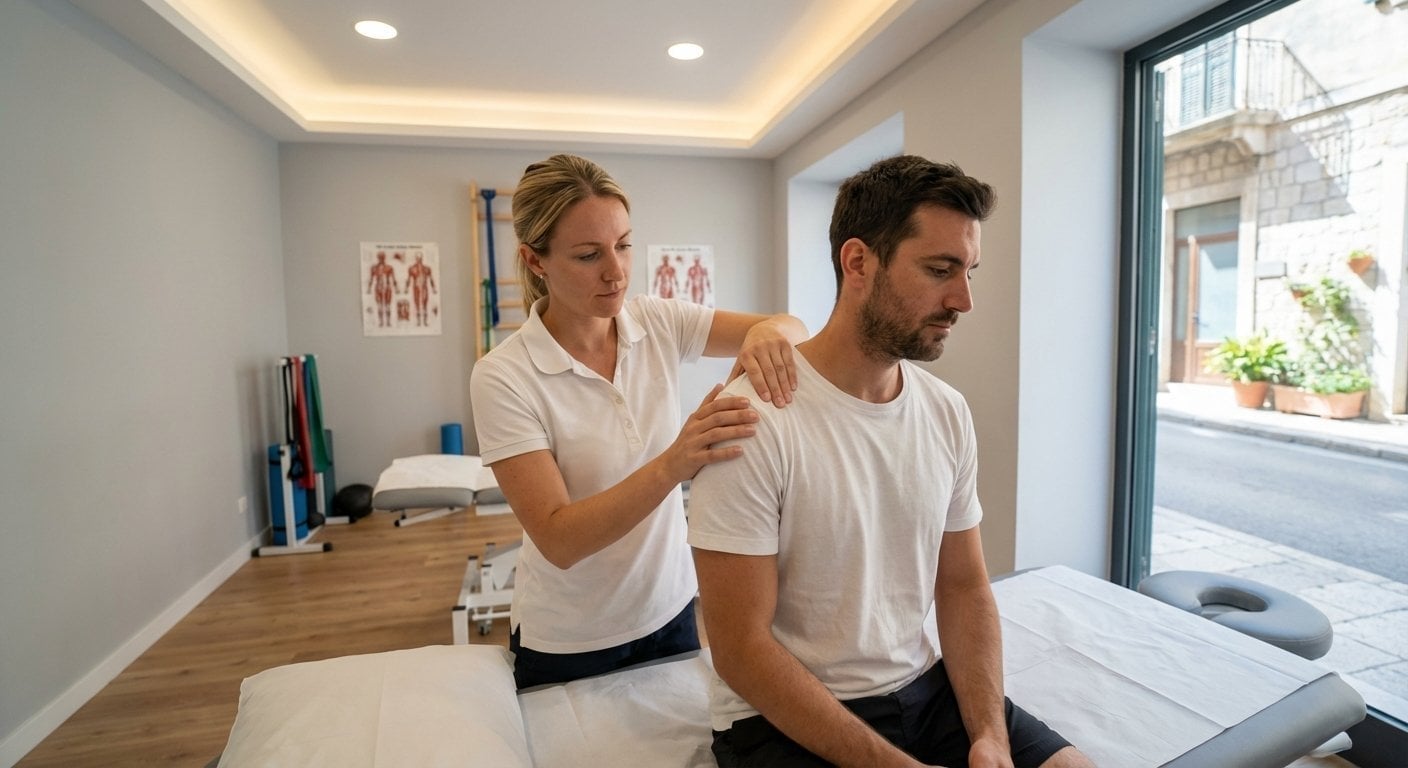 Physiotherapist treating patient's shoulder in private clinic