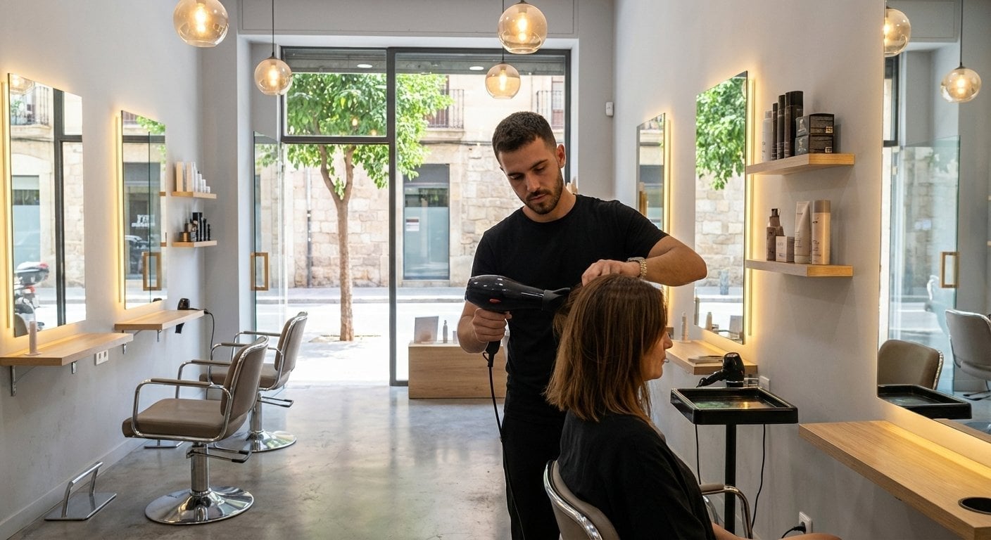 Male hairstylist blow-drying client's hair in modern salon